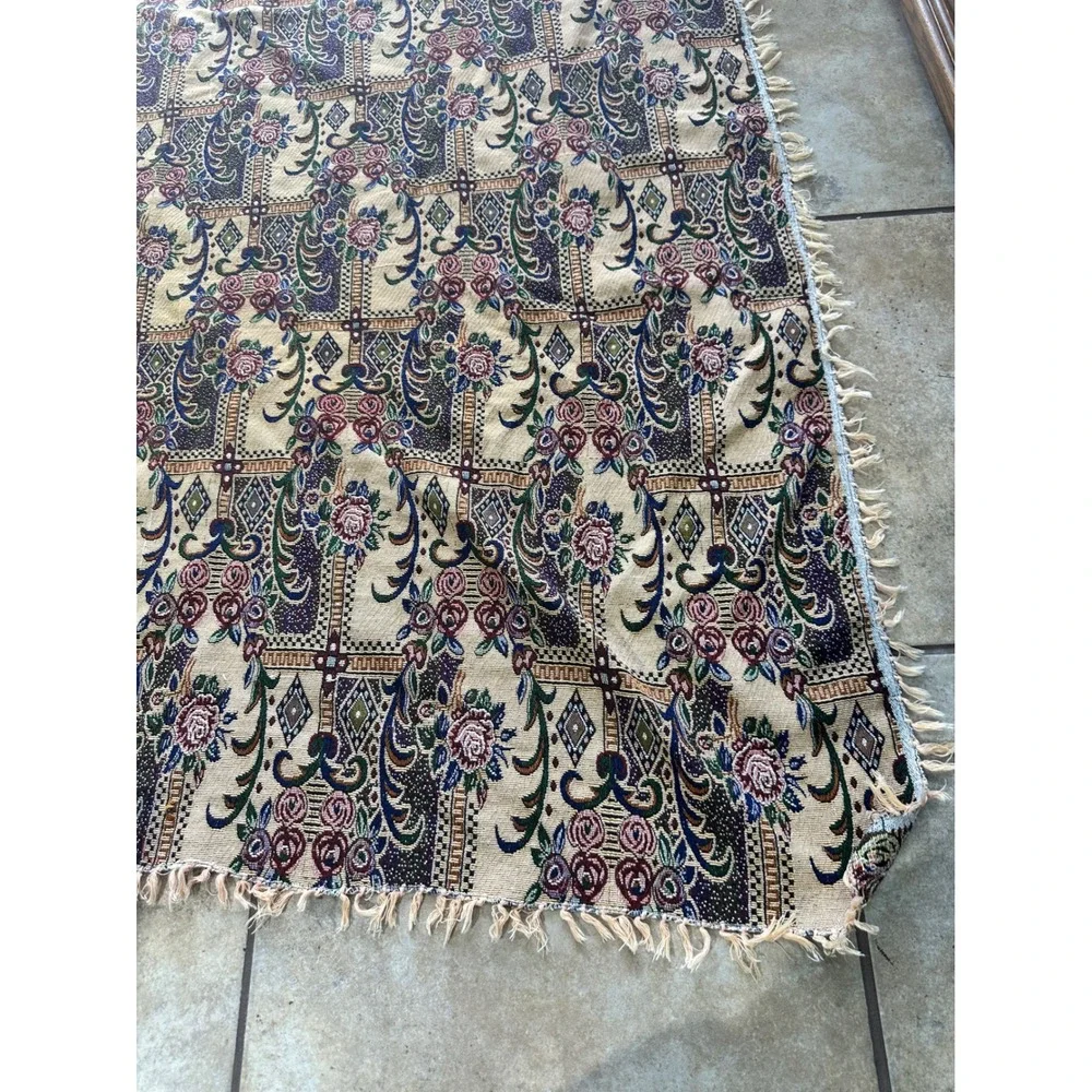Vintage Woven Tapestry Floral Damask Fringe Throw Blanket Multicolor 72x90